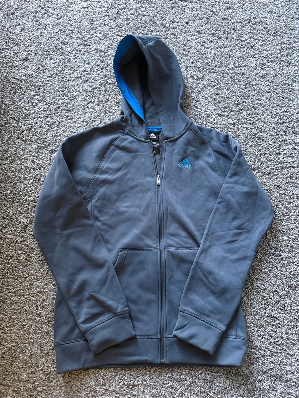 adidas Gray Hooded Performance Full-Zip Jacket with Blue Accent